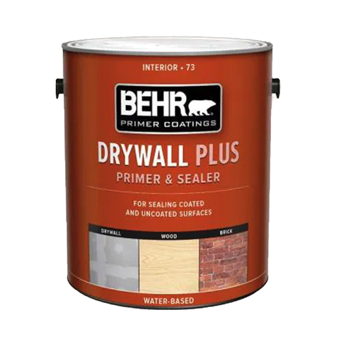 A 1 gal. can of Go Build Acrylic Interior Drywall Plus Primer & Sealer - White is designed for interior use on drywall, wood, and brick. The front of the can displays product details and application images. Brand: The Fastest Way To Build.